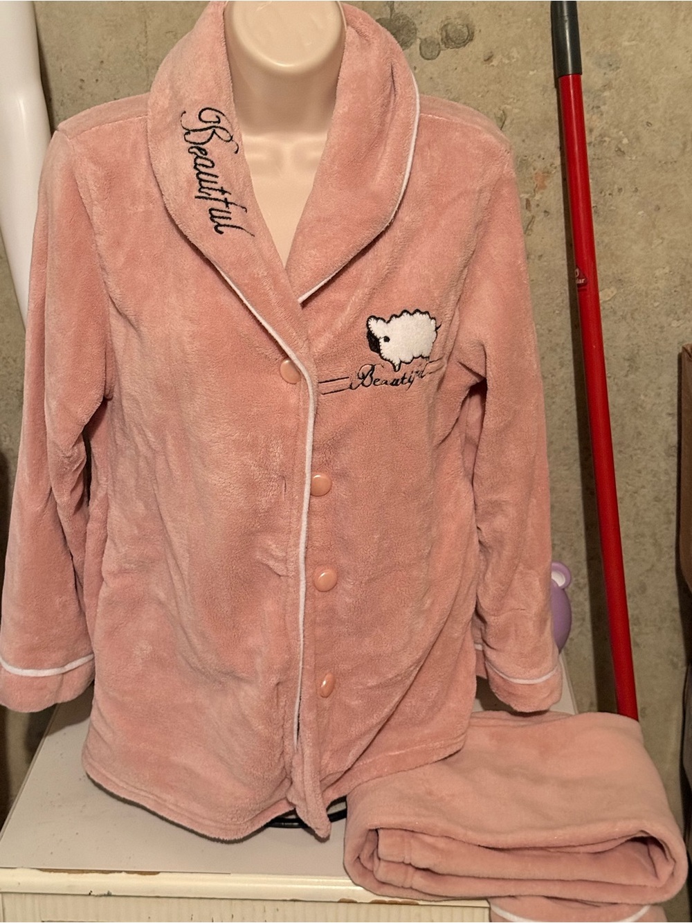 Pink Plush Pajama Set with Sheep Embroidery